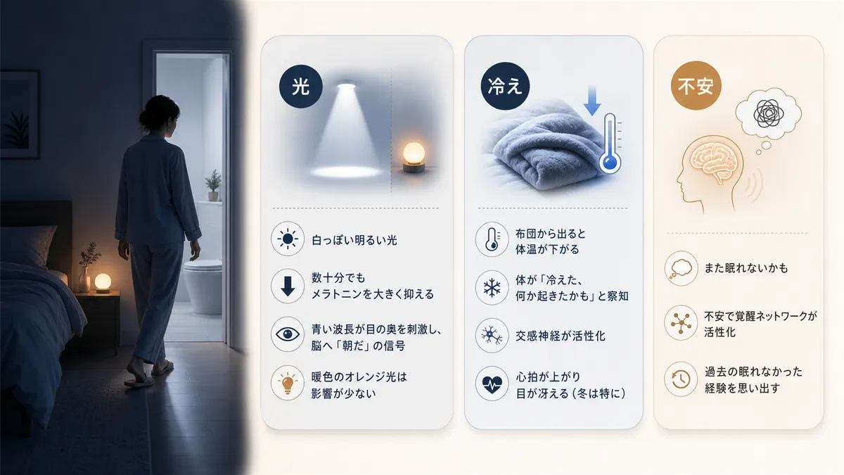 明るい光が眠りを促すホルモンを抑えてしまうこと、布団から出ると体温が下がり体が警戒モードに入ること、「また眠れないかも」という不安が覚醒を長引かせることを解説します。