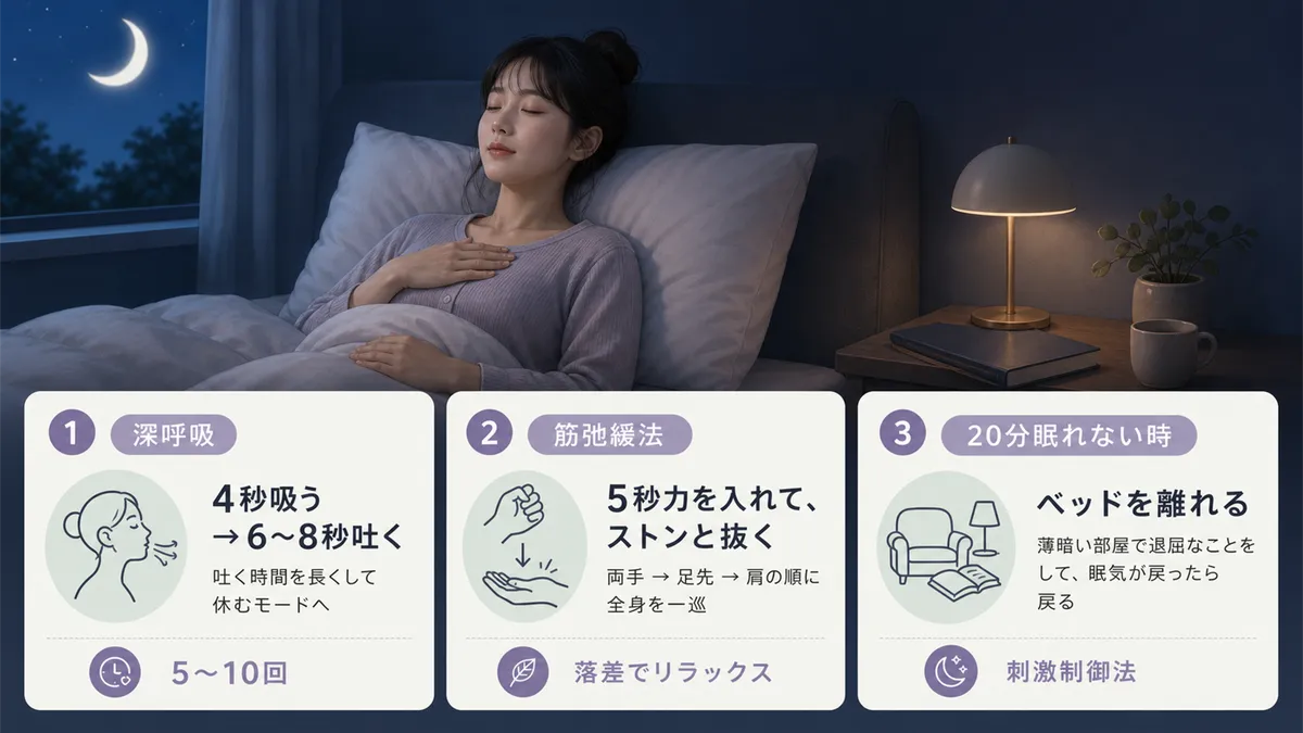 深呼吸で体を休むモードに切り替える方法、全身の力を抜く筋弛緩法、20分眠れなければベッドを離れるのが正解であることを紹介します。