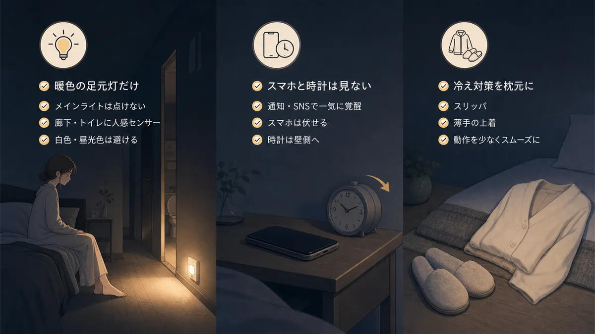 照明は暖色のフットライトだけにすること、スマホと時計は絶対に見ないこと、冷えを防ぐ準備を枕元にセットしておくことを解説します。