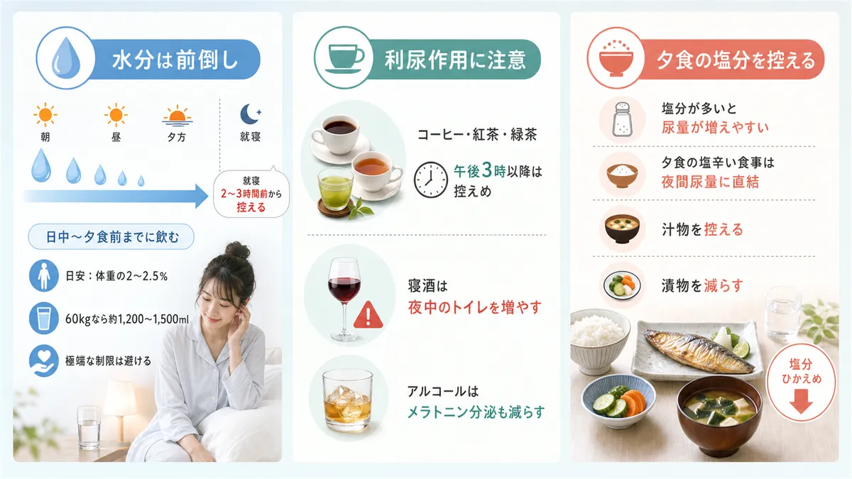 就寝2〜3時間前から水分を控え日中に前倒しで飲むこと、カフェインとアルコールの利尿作用、塩分の摂り過ぎが夜間の尿量を増やすことを紹介します。