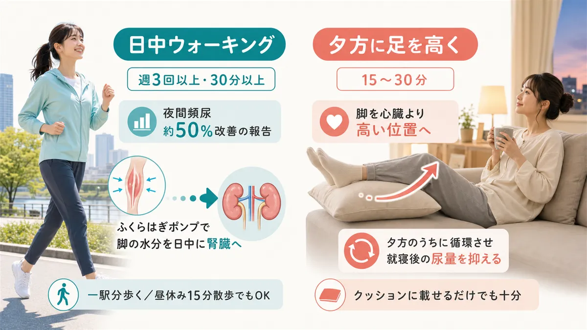 日中のウォーキングが夜間トイレを減らすこと、夕方に足を高くする習慣が夜間の尿量を減らすことを解説します。