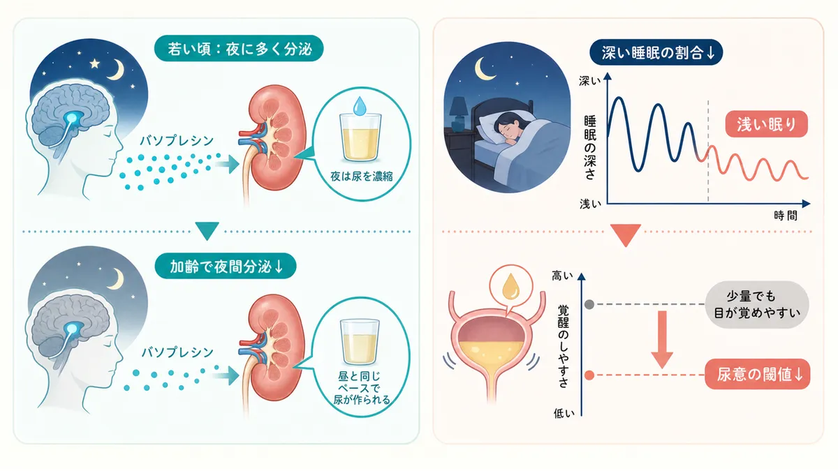 夜間に尿を減らすホルモンの分泌が加齢で低下すること、眠りが浅くなることで尿意を感じやすくなることを説明します。