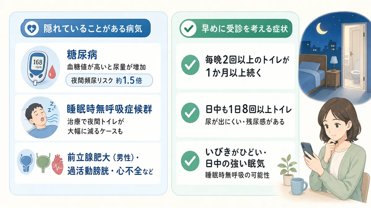 夜間頻尿に隠れていることがある病気と、早めに受診すべき症状を案内します。