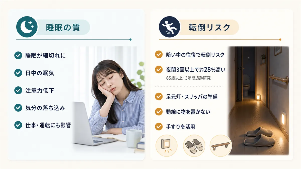 睡眠の質が下がると日中のパフォーマンスに影響すること、暗い中でのトイレ往復は転倒リスクを高めることを説明します。