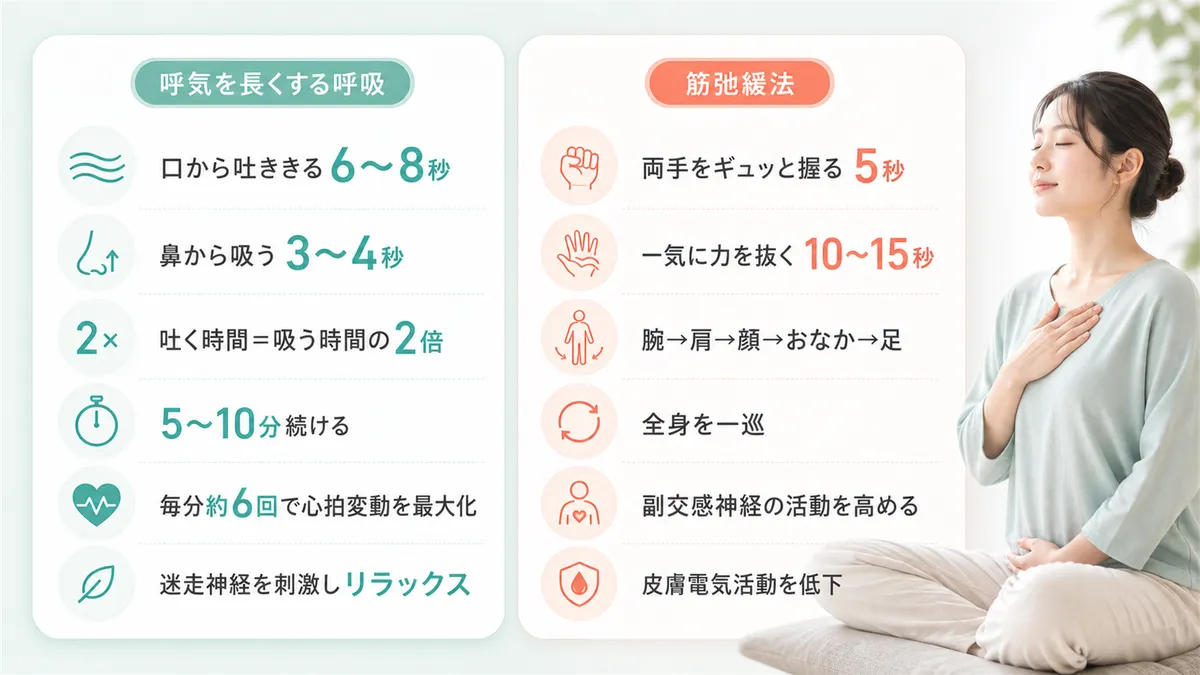 呼気を長くする呼吸で迷走神経を刺激する方法と、全身の力を抜く筋弛緩法で体の緊張をほぐす方法を紹介します。