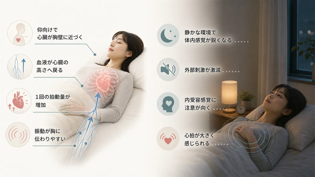仰向けで心臓が胸壁に近づくこと、静かな環境で体内の感覚が鋭くなることを解説します。