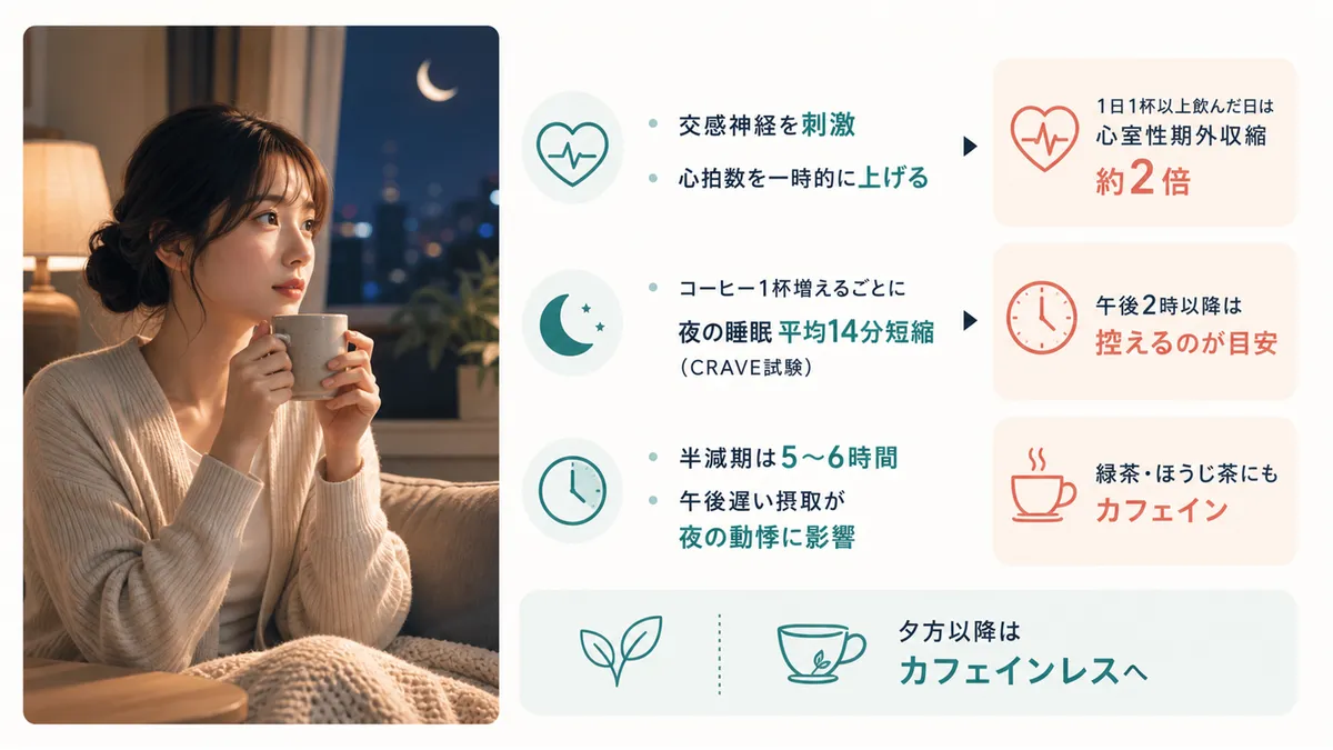 カフェインが交感神経を刺激し心拍数を一時的に上げる作用と、具体的な影響を解説します。