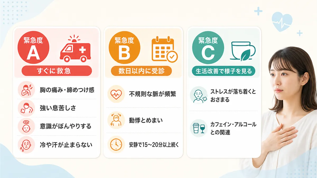 動悸の緊急度を3段階で判断する基準を案内します。