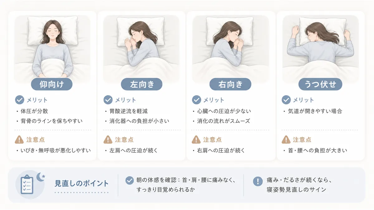 4つの基本姿勢とそれぞれの特徴、自分に合った寝姿勢を見つけるためのポイントを紹介します。