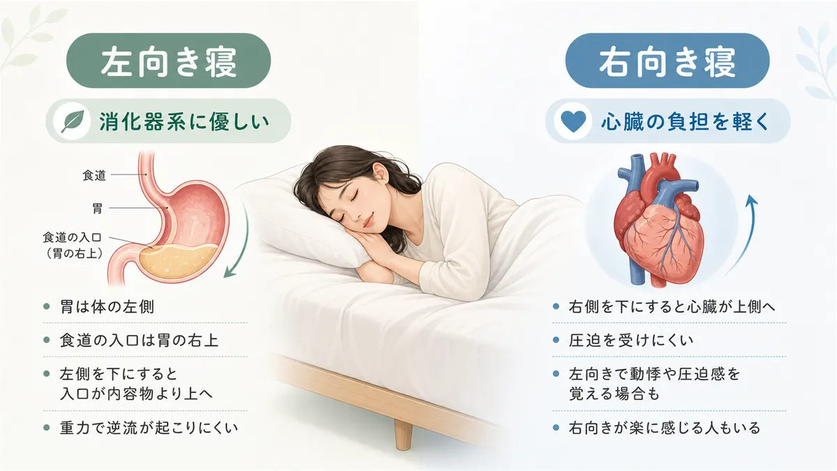左向き寝が消化器系に優しい理由と、右向き寝が心臓の負担を軽くする仕組みを解説します。
