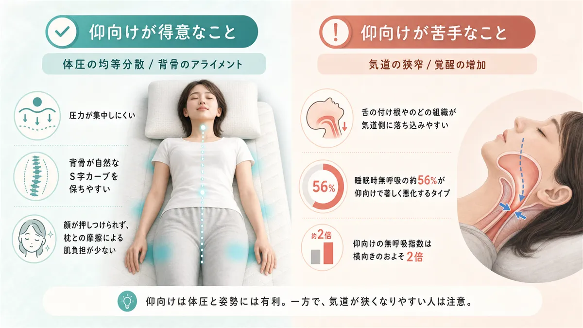 仰向けが得意なこと（体圧の均等分散と背骨のアライメント）と、苦手なこと（気道の狭窄と覚醒の増加）を解説します。