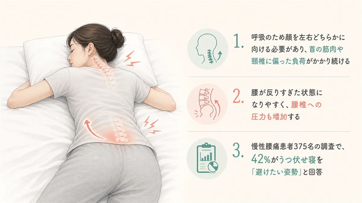 うつ伏せ寝が首・腰に負担をかけるメカニズムを説明します。