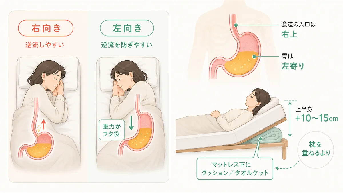 左向きで逆流が減る理由（胃の構造と重力の関係）と、上半身を少し高くする工夫との組み合わせを紹介します。