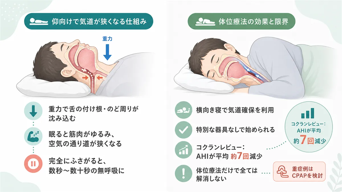 仰向けで気道が狭くなる仕組みと、体位療法の効果と限界を解説します。