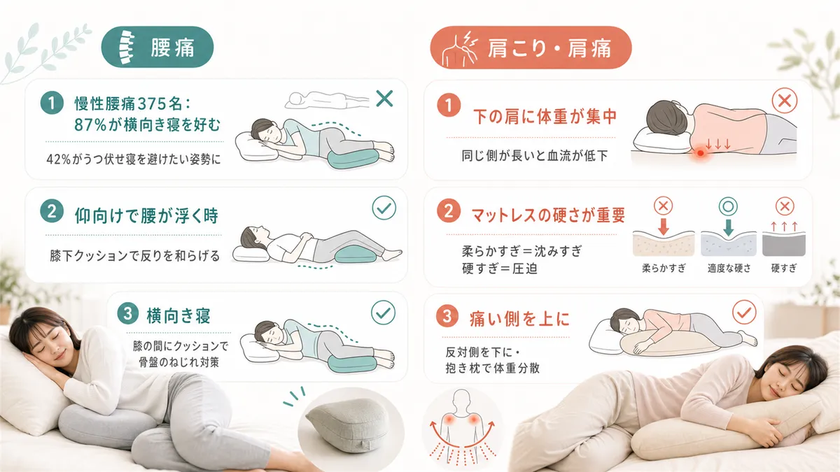 腰痛持ちが避けたい姿勢・試したい姿勢と、横向き寝で肩が痛くなる原因と対策を紹介します。