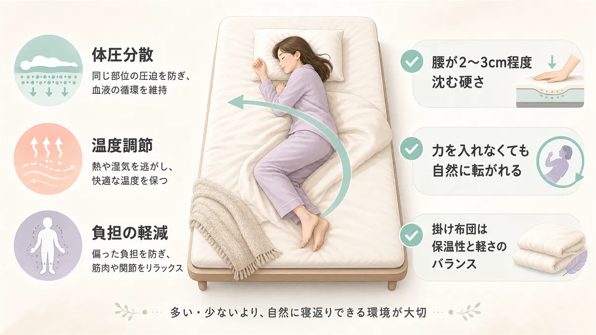 寝返りが果たしている3つの役割と、寝返りを妨げない寝具の選び方を解説します。