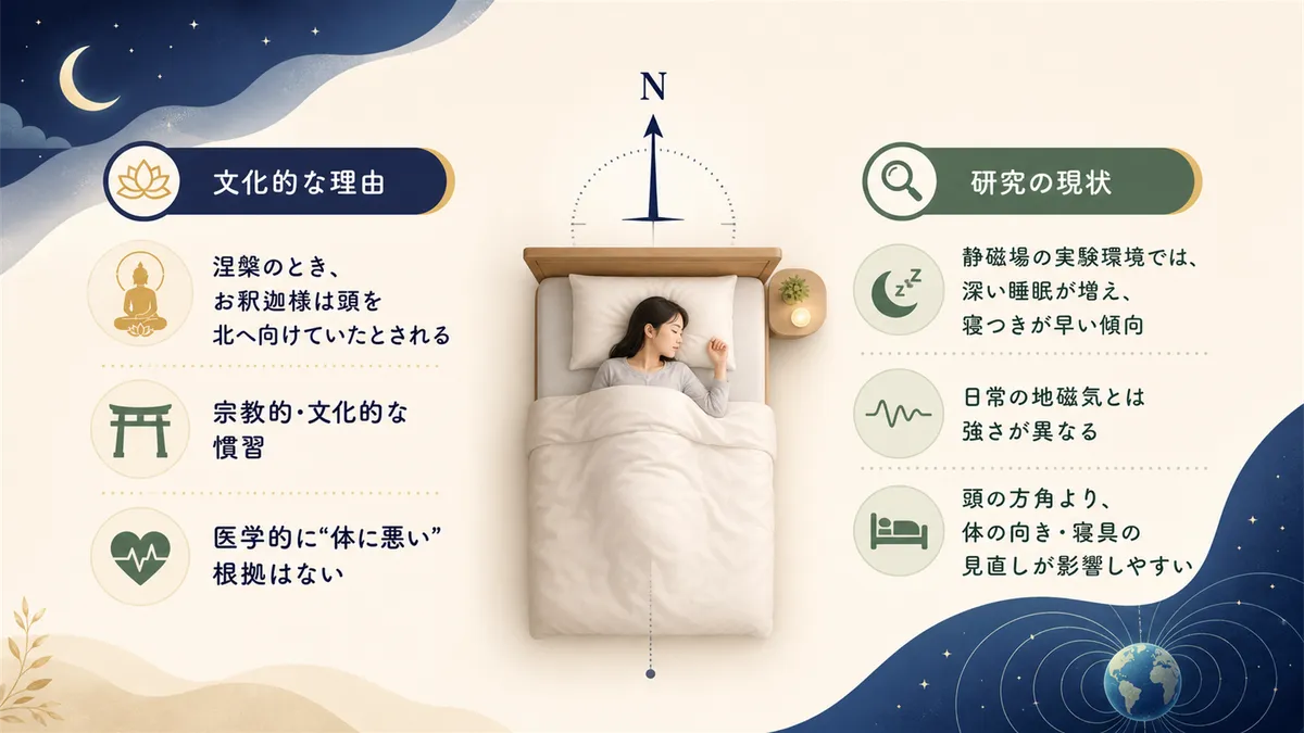 北枕が避けられてきた文化的な理由と、地磁気と睡眠に関する研究の現状を紹介します。
