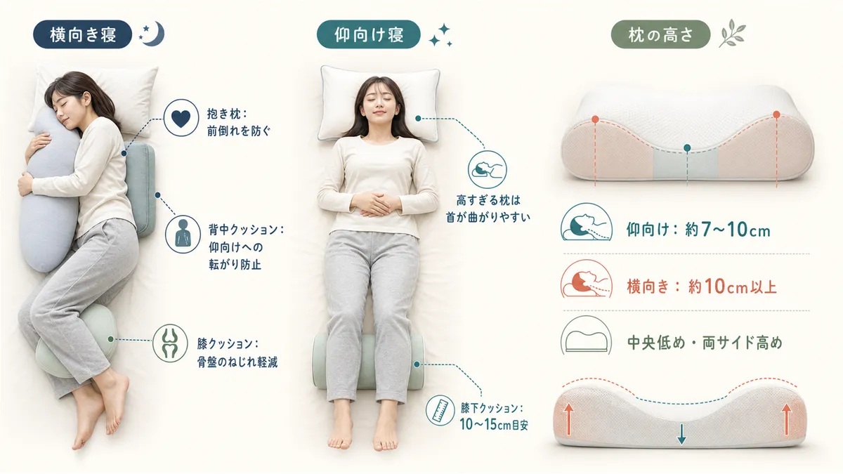 横向き寝を安定させるグッズの使い方、仰向け寝を快適にする工夫、枕の高さは仰向けと横向きで変えるべき理由を紹介します。