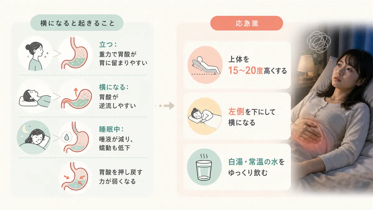 横になると胃酸逆流が悪化するしくみと、胃の不快感を和らげるための応急策を紹介します。