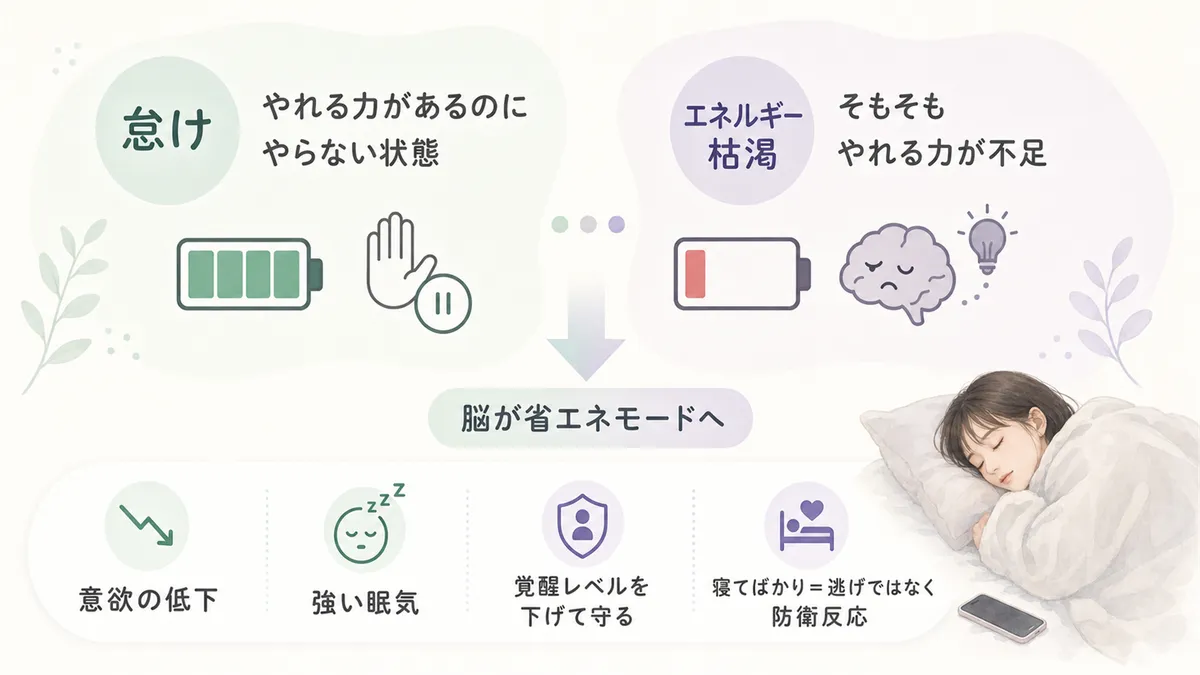 「怠け」と「エネルギー枯渇」の違い、「寝逃げ」は脳の防衛反応のひとつであることを解説します。（怠け：やれる力があるのにやらない状態、エネルギー枯渇：そもそもやれる力が不足している状態。寝逃げは脳が省エネモードに入り自分を守ろうとする防衛反応）