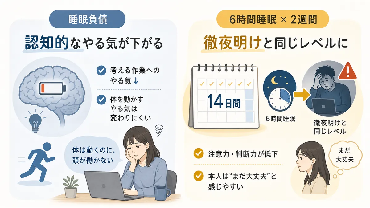睡眠負債は認知的なやる気を選択的に低下させること、6時間睡眠を2週間続けると徹夜明けと同じ状態になることを解説します。