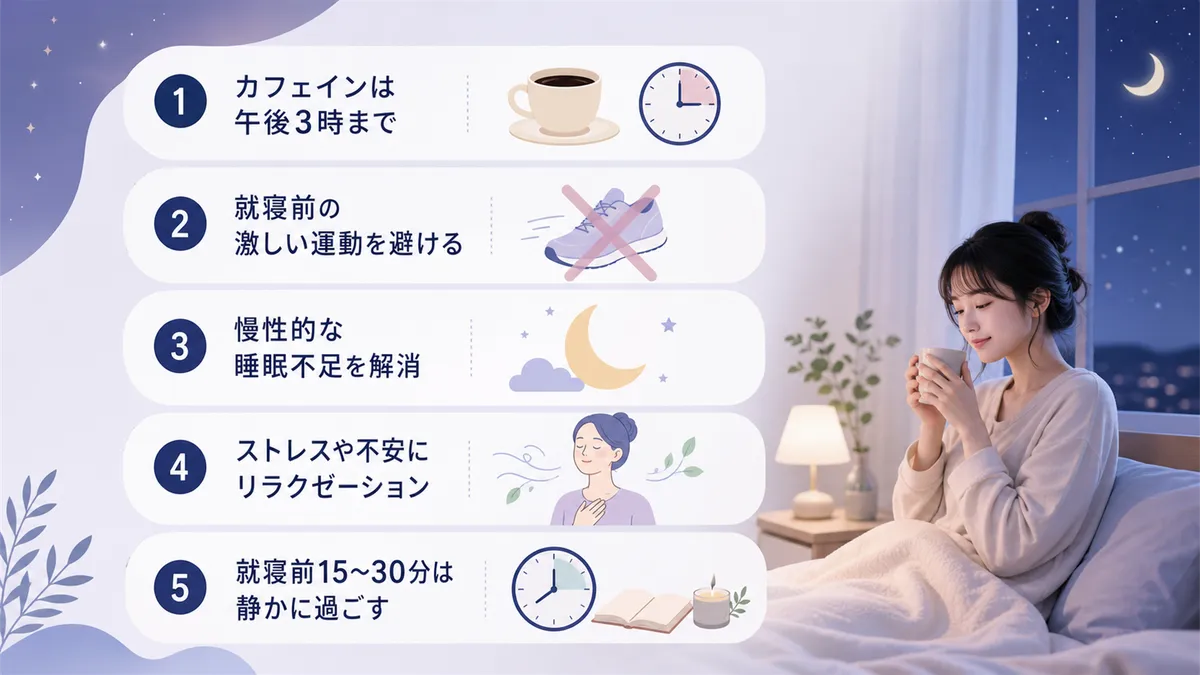 入眠時ミオクローヌスを減らすための方法を解説します。