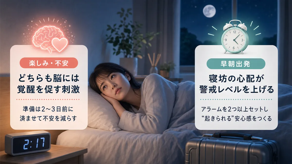 楽しみや不安で脳が興奮状態になること、早朝出発のプレッシャーが眠りを妨げるメカニズムを解説します。