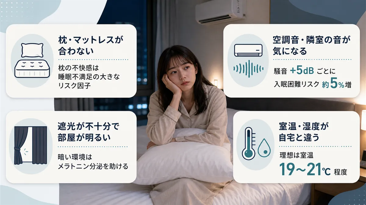 枕やマットレスが合わないこと、空調音・隣室の音、遮光が不十分、室温・湿度が自宅と違うことを整理します。