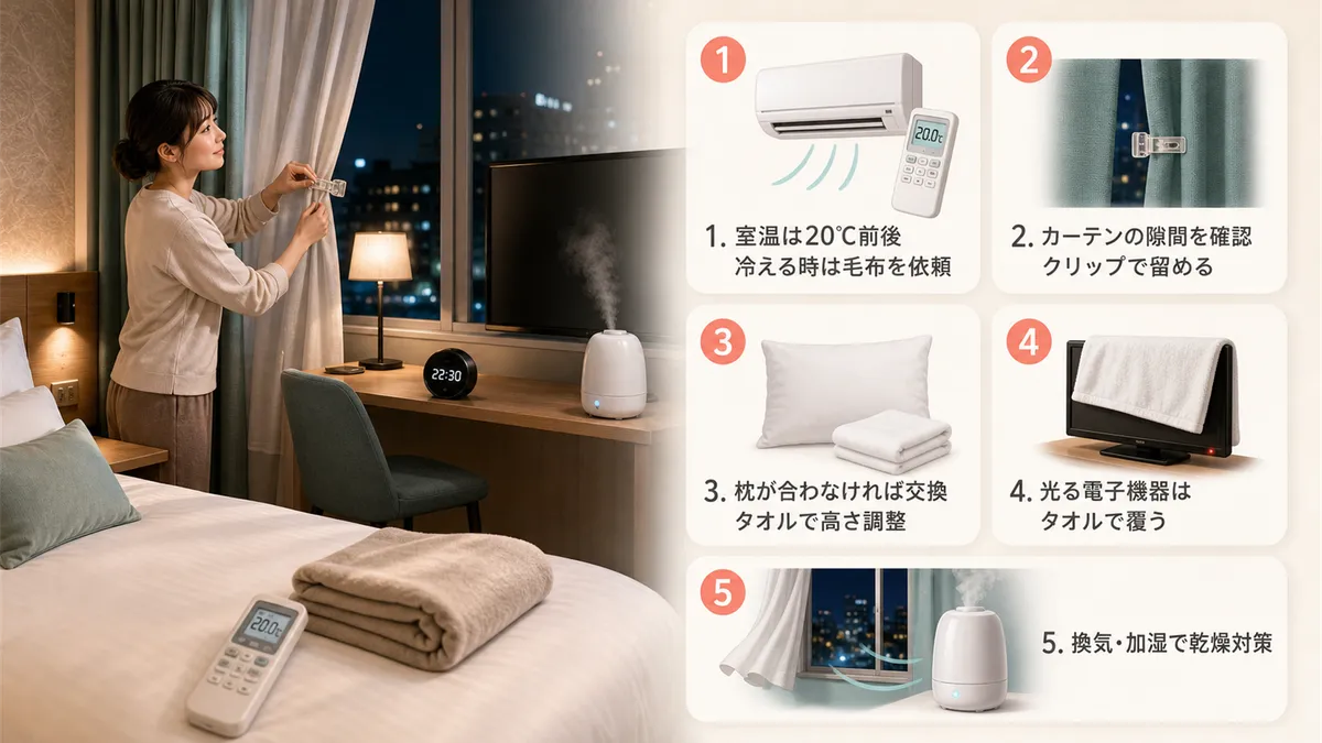 ホテルの部屋で最初に行うべき環境調整のポイントを紹介します。
