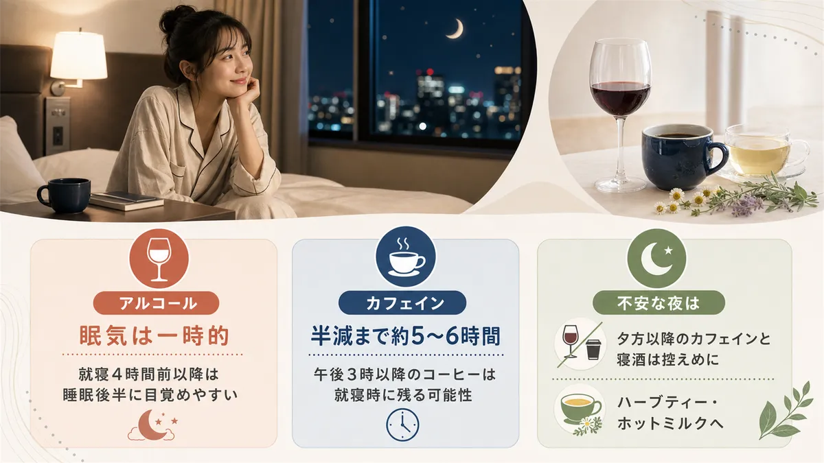 旅先でのアルコールとカフェインの注意点を解説します。