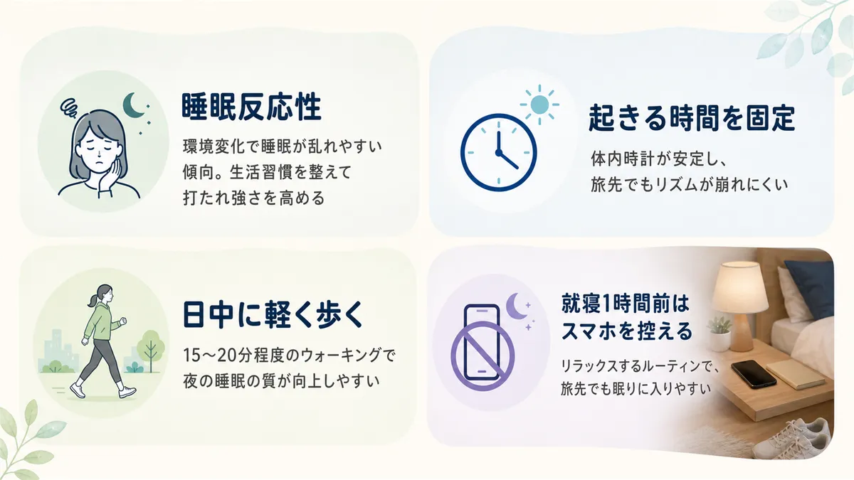 旅先での不眠体質を改善するアプローチを紹介します。