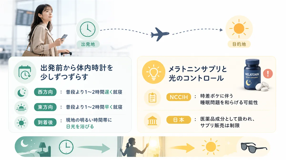 出発前から体内時計を少しずつずらす方法と、メラトニンサプリと光のコントロールを紹介します。