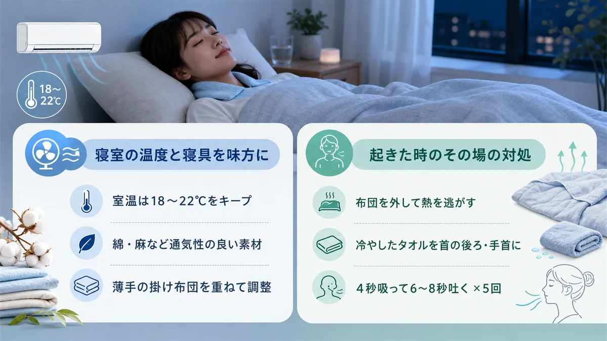 寝室の温度と寝具を味方につける方法、ホットフラッシュが起きた時のその場の対処法を紹介します。