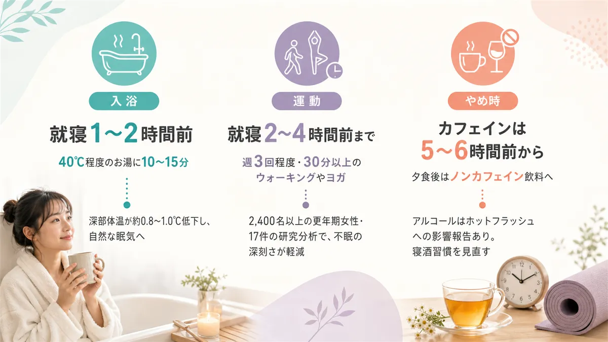 ぬるめの入浴、運動のタイミング、カフェインとアルコールのやめ時を解説します。