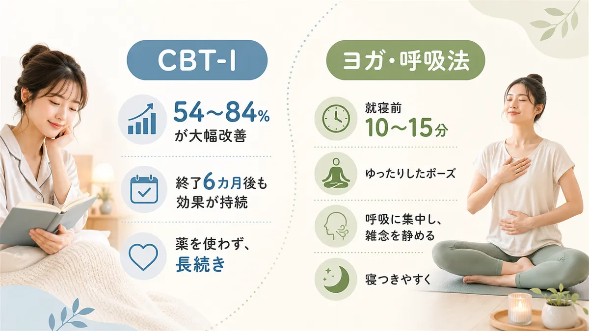 CBT-Iが更年期の不眠に効く理由と、ヨガや呼吸法も睡眠の質を改善することを紹介します。