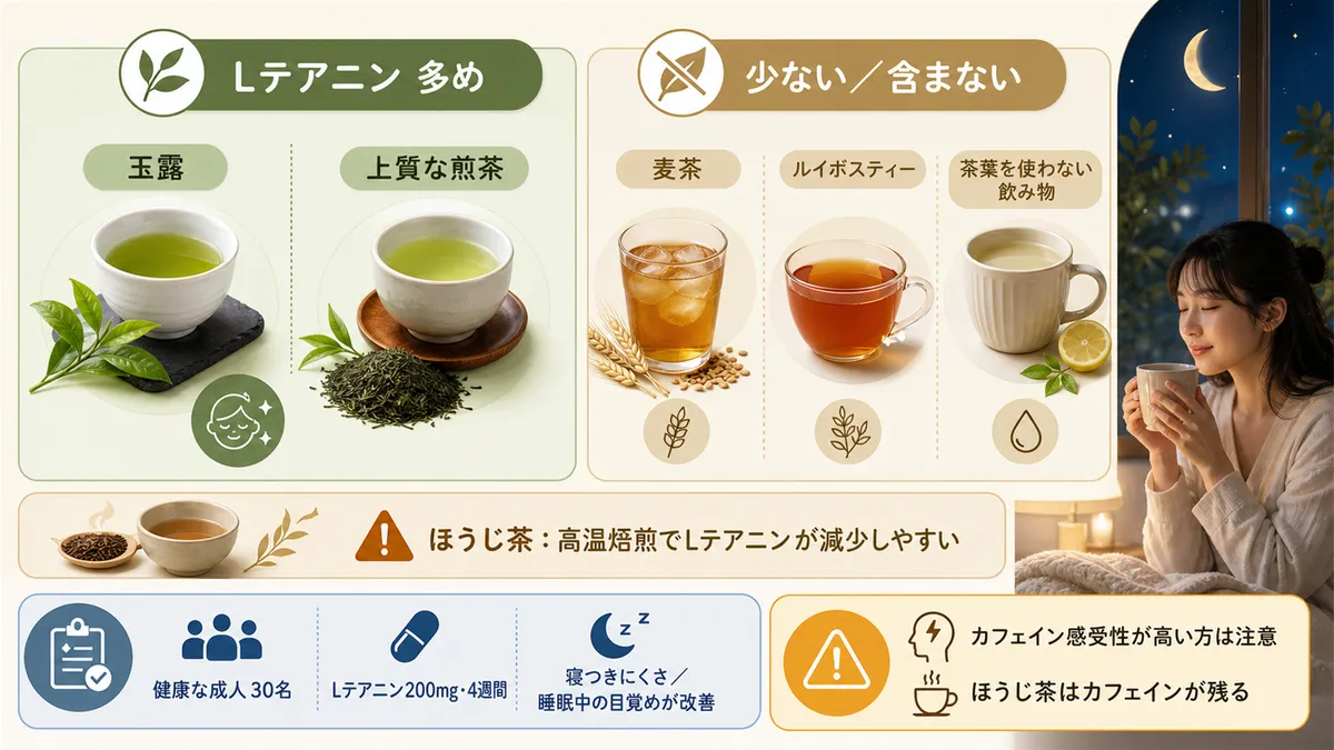 Lテアニンが多い飲み物と少ない飲み物の違いを紹介します。（多い：玉露・上質な煎茶。少ない／含まない：麦茶・ルイボスティーなど茶葉を使わない飲み物。ほうじ茶は高温焙煎でLテアニンが減少しやすい）