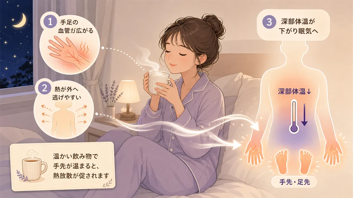 温かい飲み物が眠気を引き出す体のしくみを解説します。