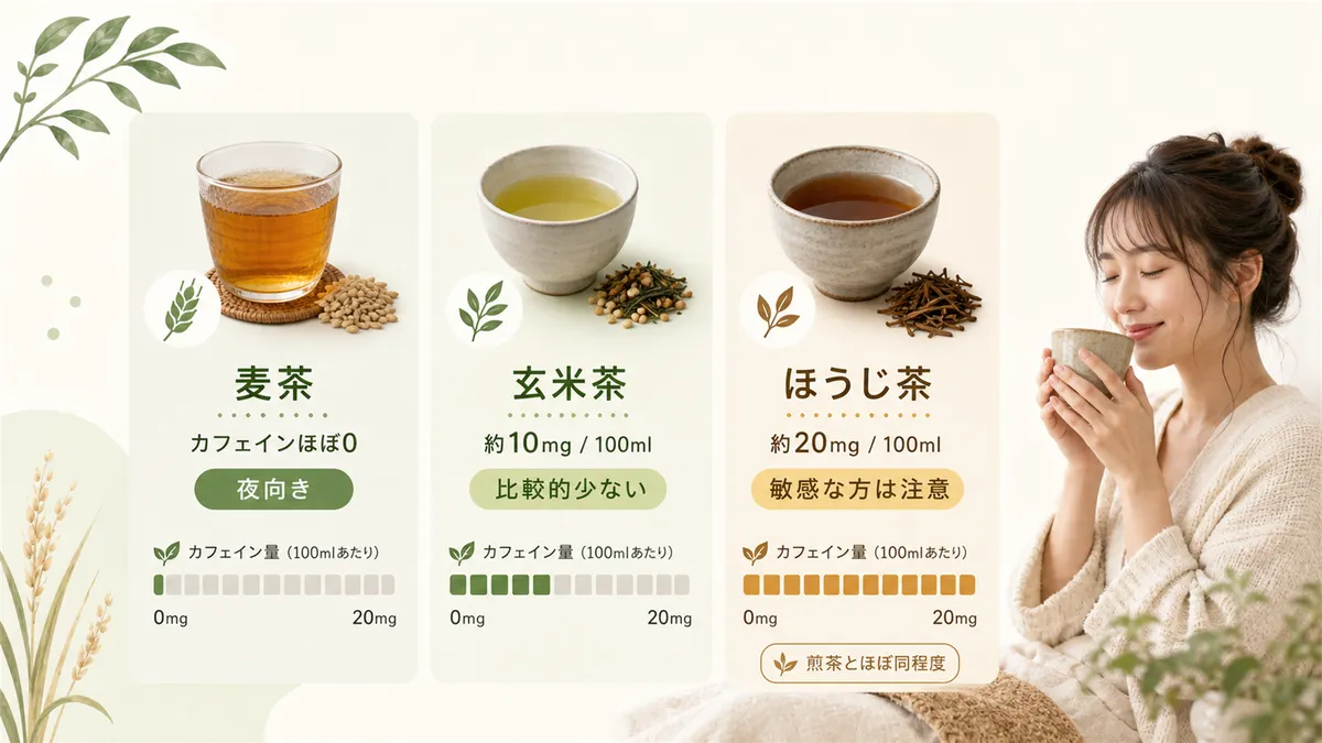 お茶のカフェイン含有量を比べて、夜に向くお茶を紹介します。