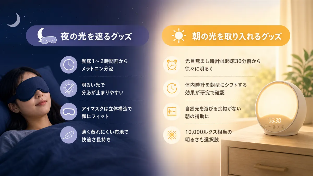夜の光を遮るグッズと、朝の光を取り入れるグッズの選び方を紹介します。