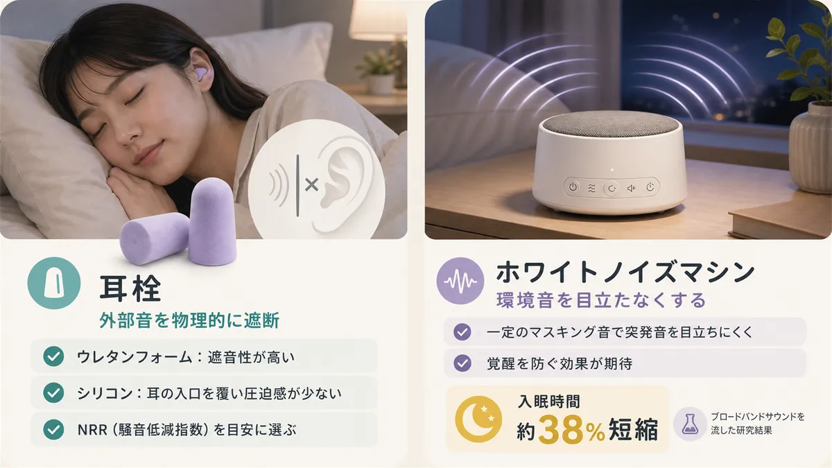 耳栓で外部音を物理的に遮断する方法と、ホワイトノイズマシンで環境音を目立たなくする方法を紹介します。