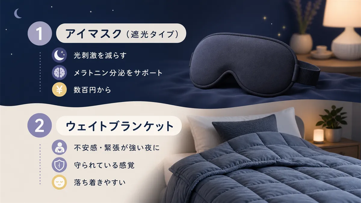 寝つき改善に効果的なグッズの優先順位を紹介します。