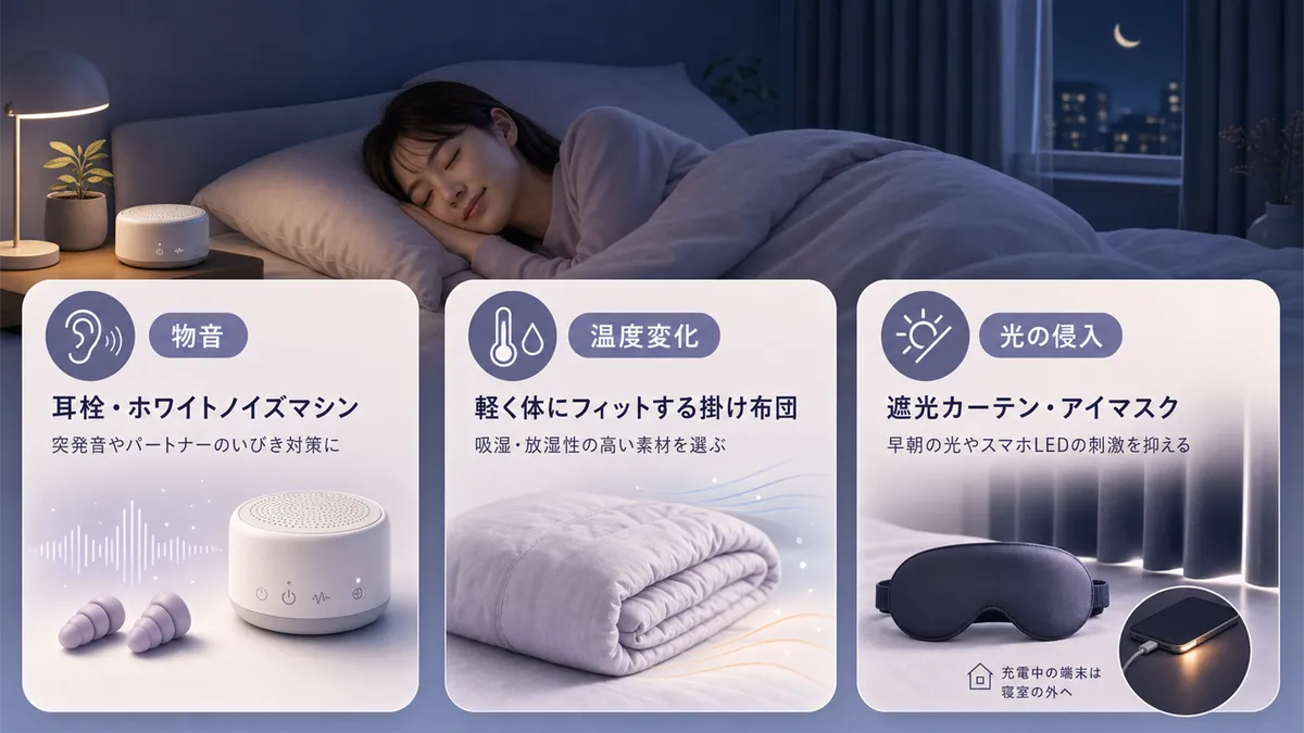 物音・温度変化・光の侵入による覚醒をそれぞれ防ぐグッズを紹介します。