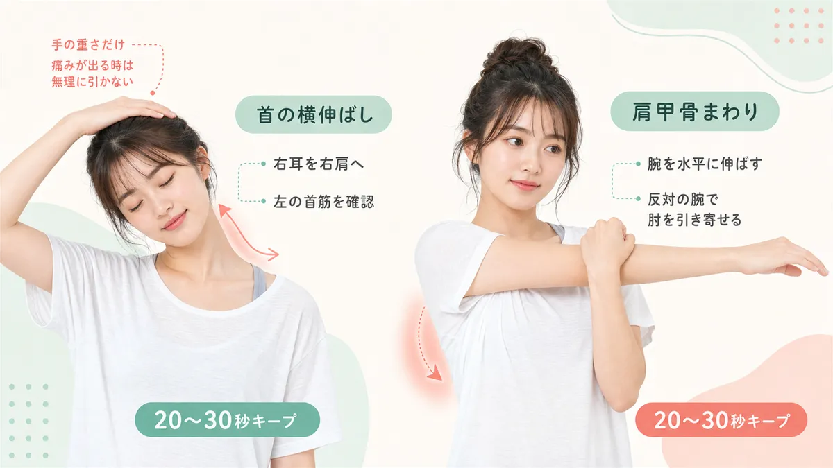 首の横伸ばしストレッチと肩甲骨まわりのほぐしストレッチの手順を解説します。
