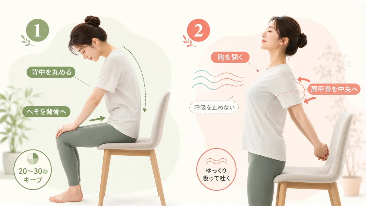 座ったまま背中を丸めるストレッチと胸を開くストレッチの手順を紹介します。