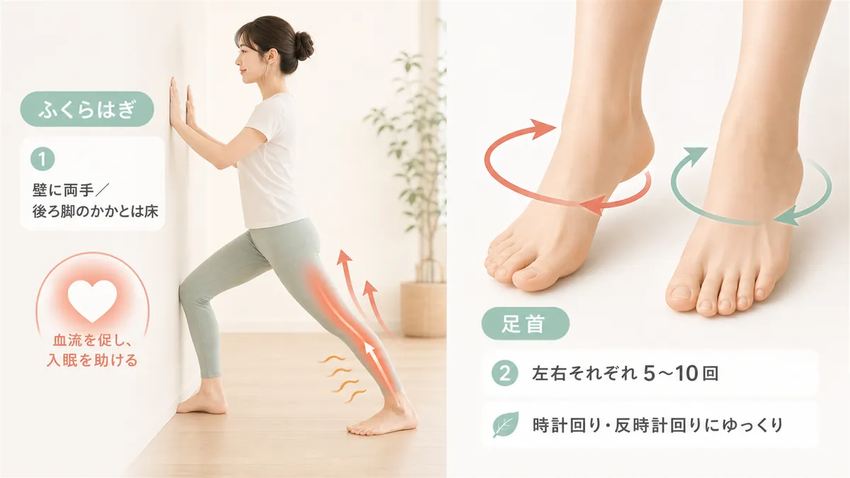 ふくらはぎの伸ばしストレッチと足首の回しストレッチの手順を紹介します。
