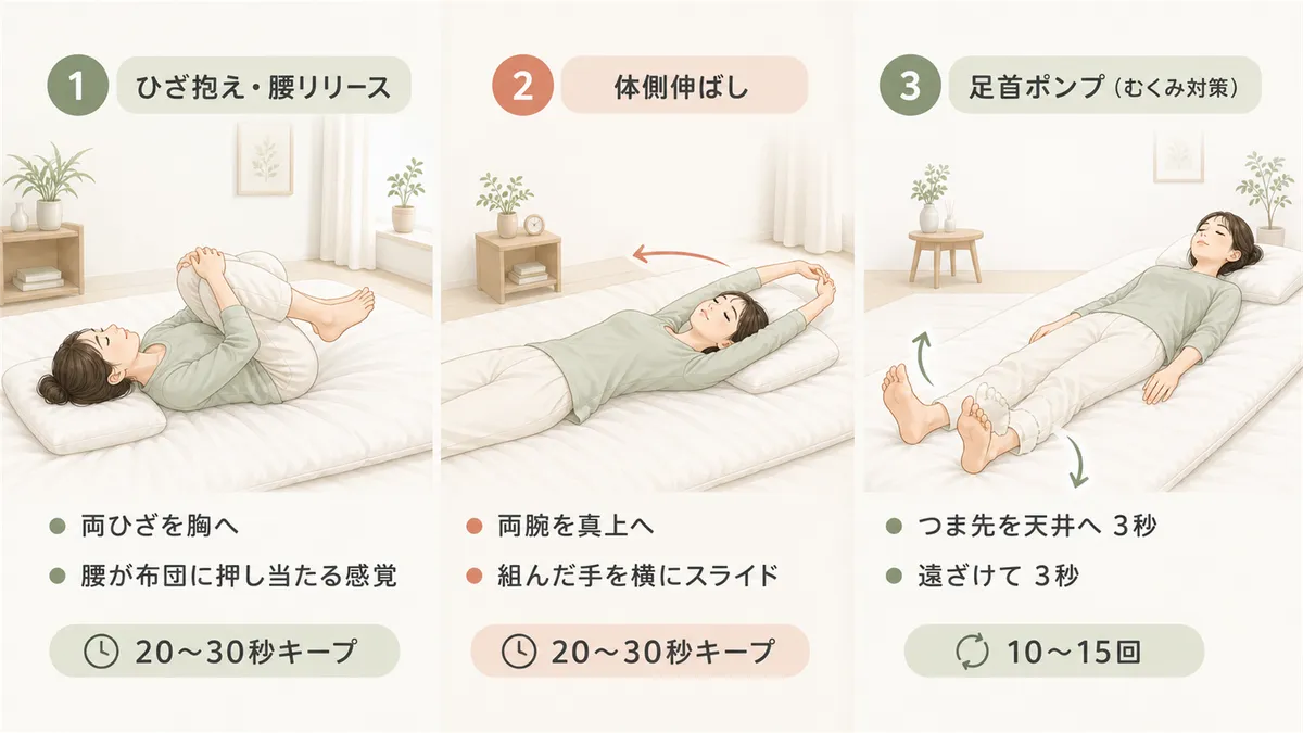 仰向けでのひざ抱え・腰のリリース、体側伸ばし、足首ポンプなど布団の中でできるストレッチを紹介します。