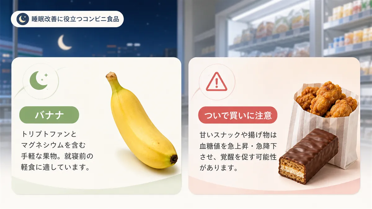 睡眠改善に役立つコンビニ食品を紹介します。