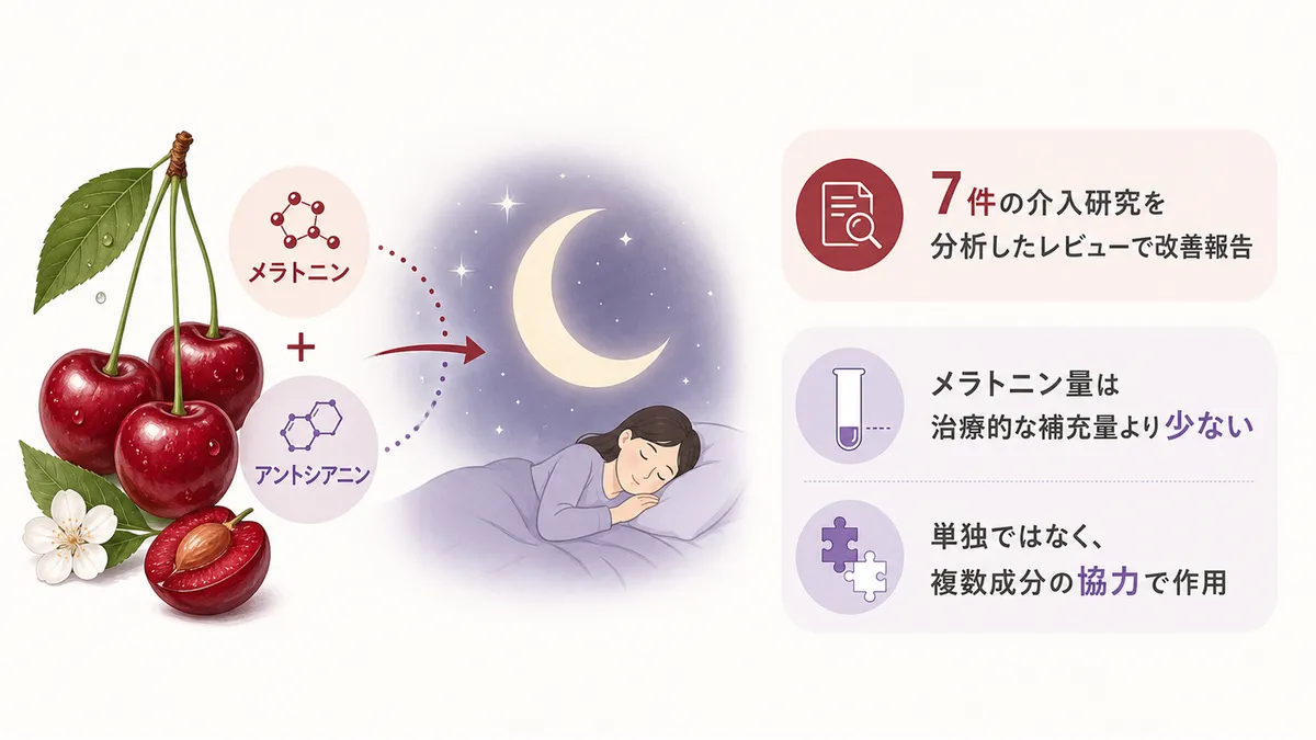 タルトチェリーのメラトニン含有量と睡眠改善効果を解説します。