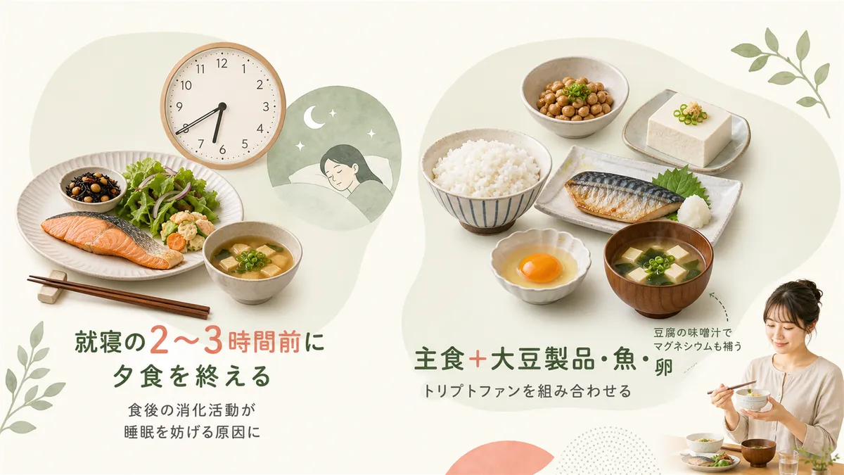 夕食の内容とタイミングが睡眠に与える影響を紹介します。