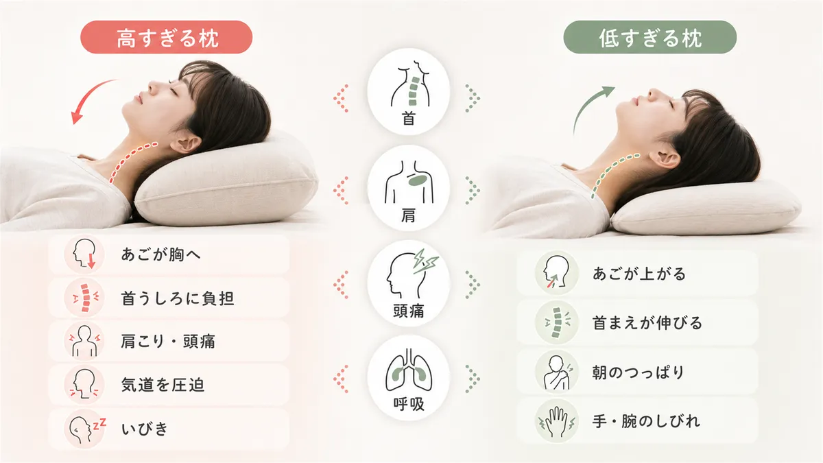 枕の高さがズレると首・肩こり・頭痛・いびきなど幅広い症状を引き起こします。
